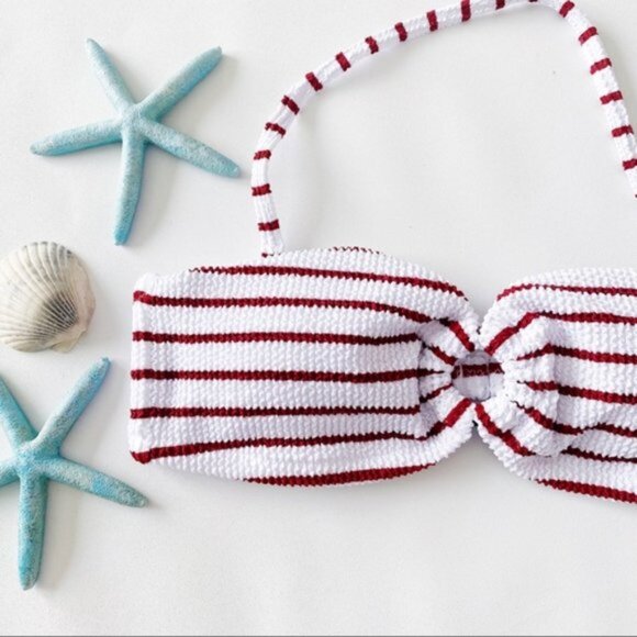 J. Crew | Scrunchie Ring Bandeau Bikini Top Stripe White Racing Red Textured New - Picture 5 of 15